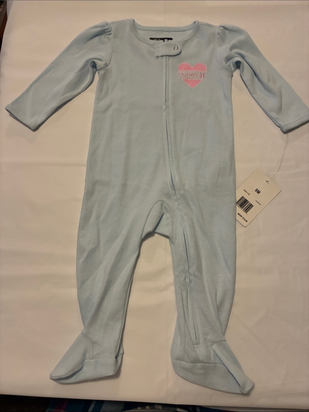 Hurley Pale Blue Footed One-Piece with Pink Heart Logo
